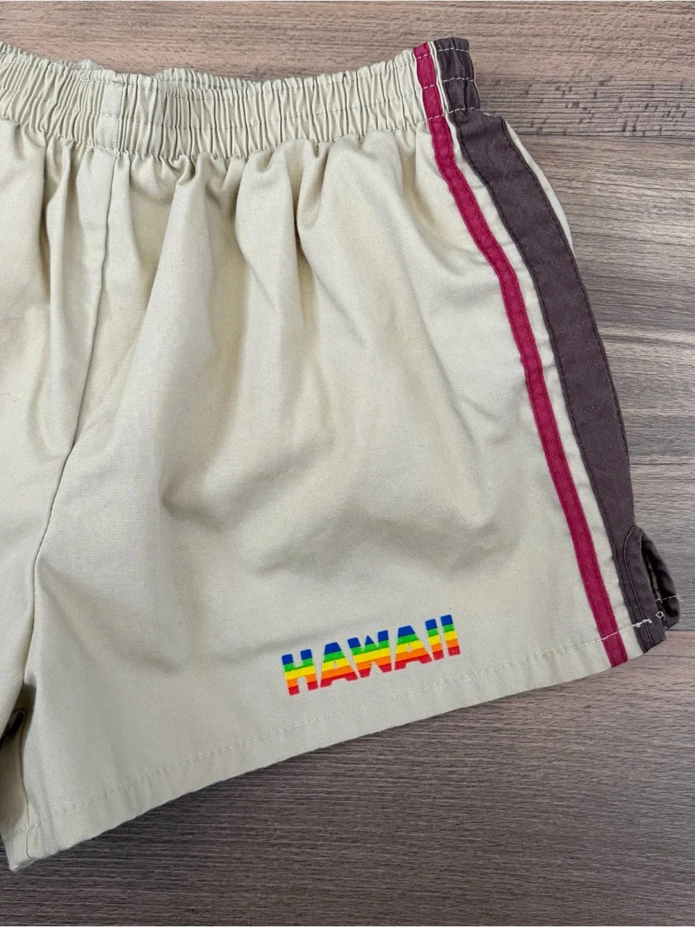 Vintage 70's Retro Hawaii Swim Trunks - Khaki w/brown/Maroon Side - Sz. M 32-34